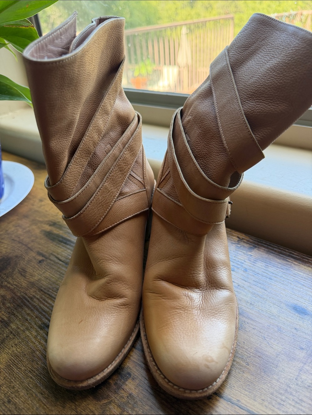 Stuart Weitzman Camel/Tan Leather Mid-Calf Wrap-Heel Boots